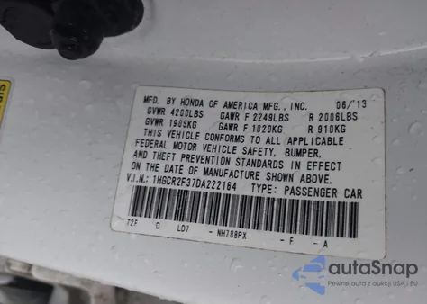 2013 Honda Accord Lx z USA, uszkodzony, nr VIN 1HGCR2F37DA222164